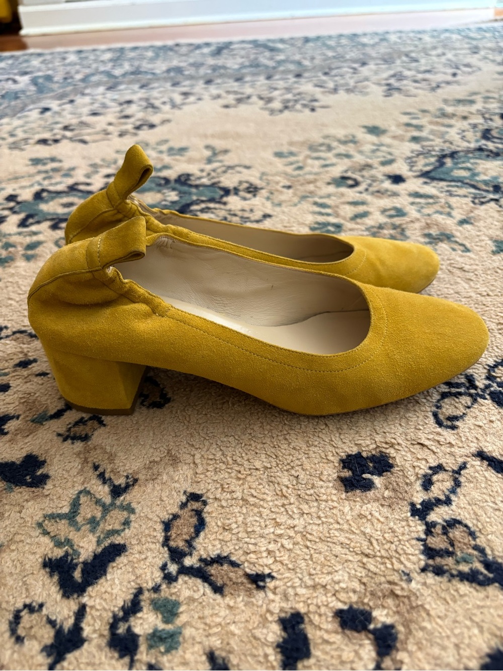 Everlane Mustard Suede Block Heel Pumps